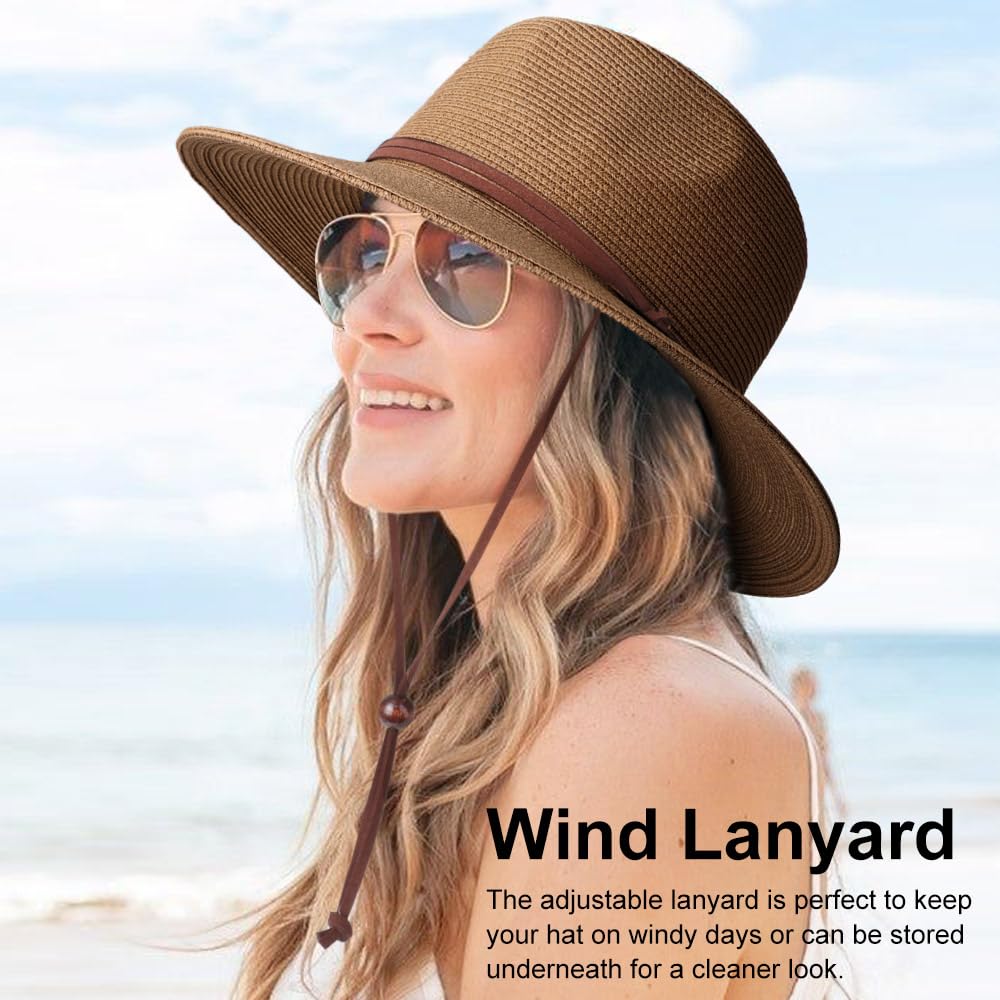 DRESHOW Womens Summer Straw Sun Hat Wide Brim Bucket Hats Fedora Hat Panama Beach Hat with Chin Strap UPF 50+