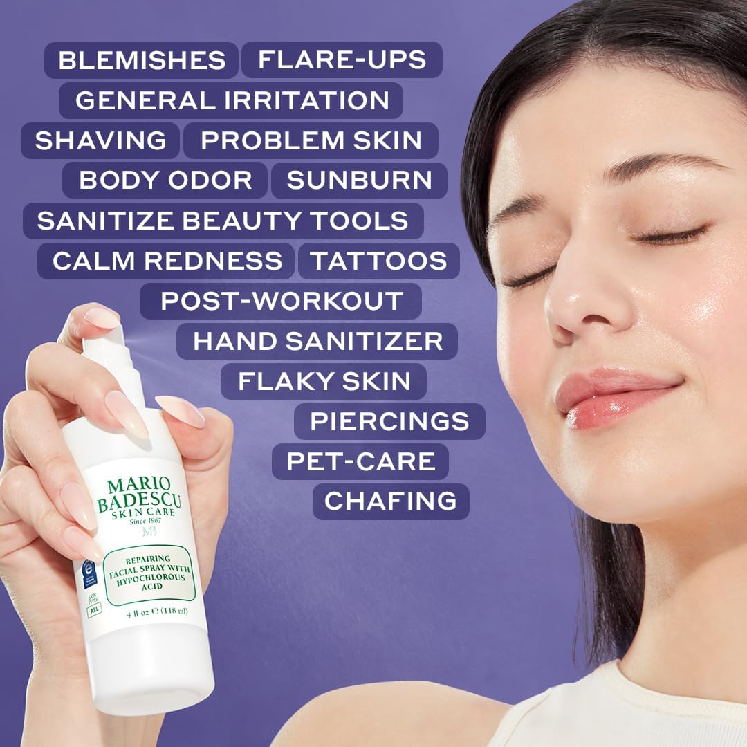 Mario Badescu Repairing HOCl Facial Spray with Hypochlorous Acid – Soothes & Hydrates Angry, Irritated Skin, Reduce Redness & Flare-Ups – pH Balancing, Non-Irritating Cleanser, Fragrance-Free, 2 Fl Oz
