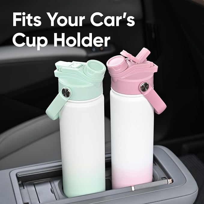 24 oz Insulated Water Bottle, 2-in-1 Lid, Straw & Spout with Protected, Leak Proof, Keep Cold, Stainless Steel, Metal, Reusable, Handle, for Travel, Gym and School, 2 Lids, Iced Plum