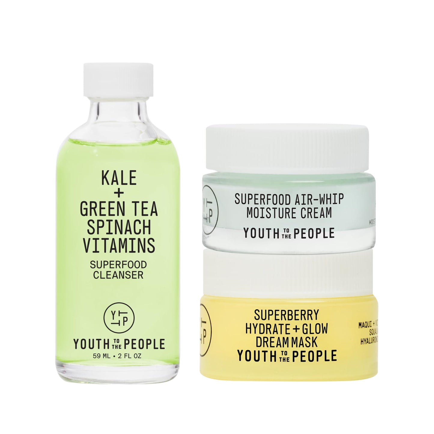 Youth To The People Travel Minis Trio, Vegan Skincare Bundle Set, Superfood Kale + Green Tea Face Cleanser (2 fl oz) + Superberry Hydrate + Glow Dream Mask (0.5 oz) + Air-Whip Moisture Cream (0.5 oz)