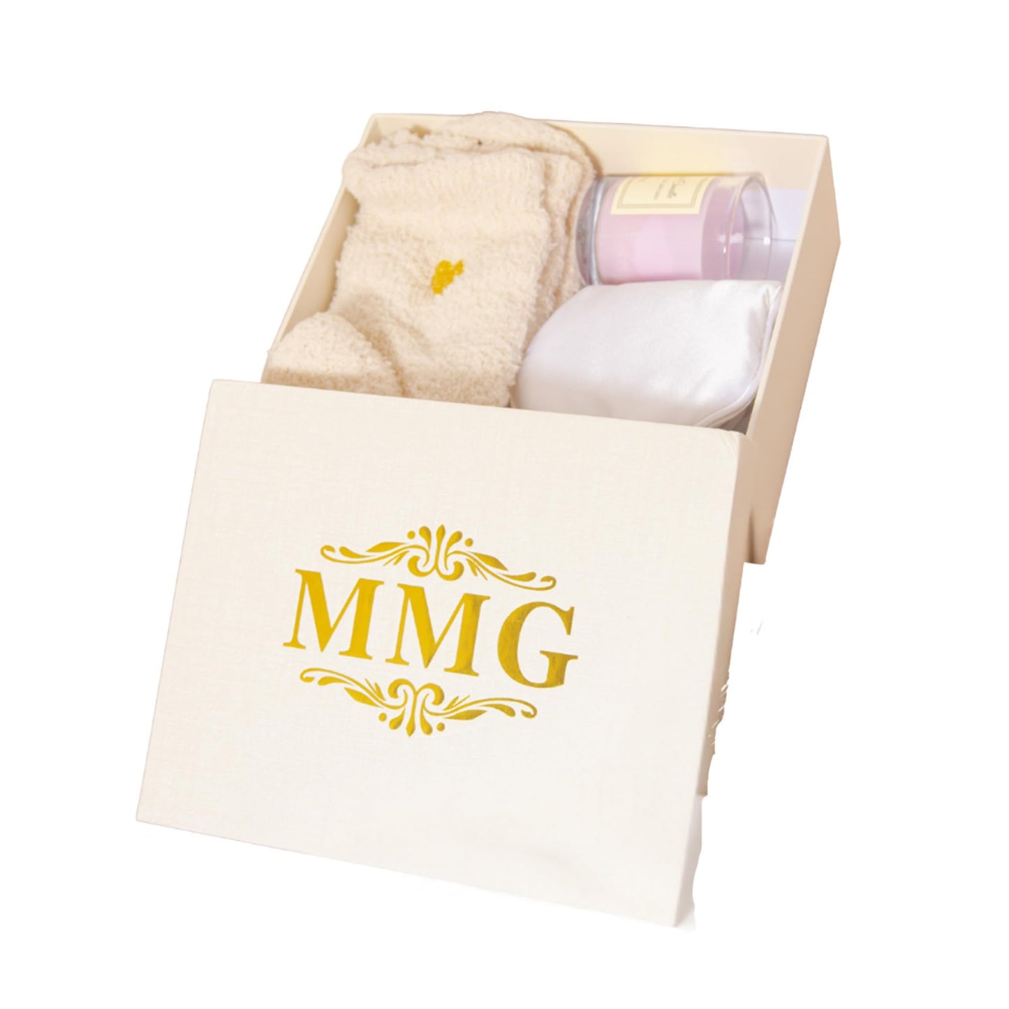 Spa Gift Set for Women – Relaxation Kit with Candle, Fuzzy Socks, Satin Eye Mask – Gift Box for Birthday, Thank You, Bridesmaid (Ivory White)
