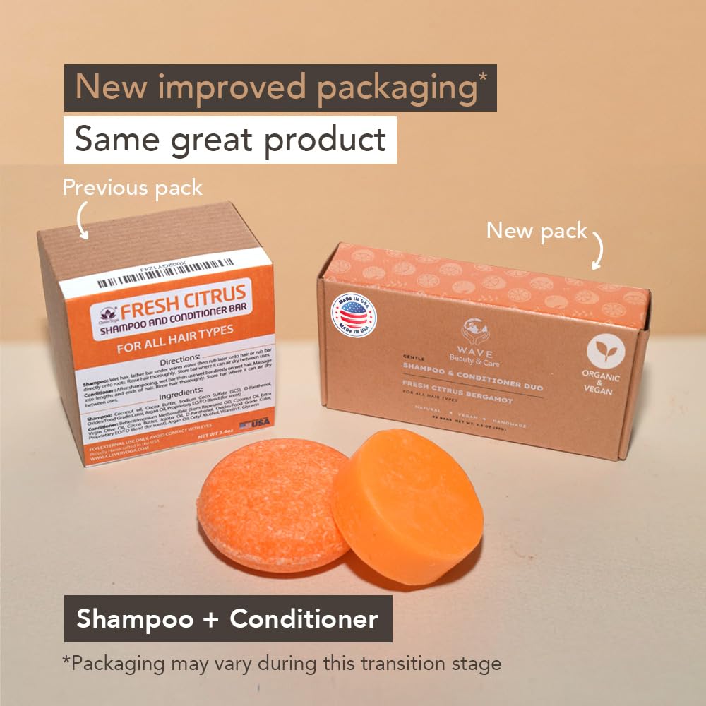 Wave Fresh Citrus Shampoo Bar & Conditioner Bar Set - Vegan & Sulfate-Free - Handmade Moisturizing Solid Bars for All Hair Types - Convenient for Travel, Long-Lasting, (80-120 Uses) - Citrus