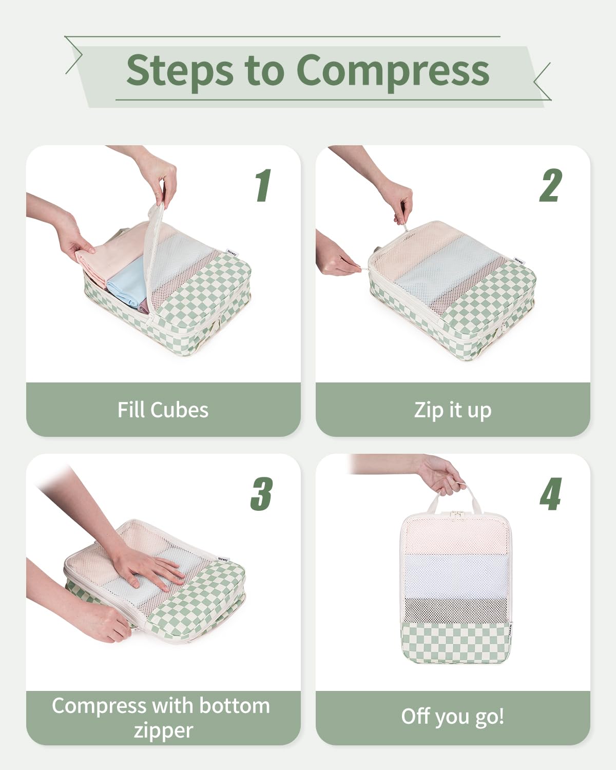 Narwey 6 Set Checkered Compression Packing Cubes for Travel Women Kids Carry on, Cute Packing Organizers Bag for Luggage Suitcase Backpack Duffle Bags (Mint Green Checkerboard)