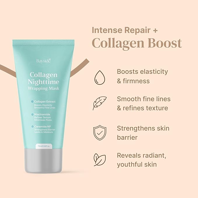 Bayside Collagen Nighttime Wrapping Mask | Overnight Face Mask with Collagen, Niacinamide & Ceramide NP | Hydrating Peel Off Face Mask for Firm, Smooth & Radiant Skin | Facial Skincare for Women, 75ml