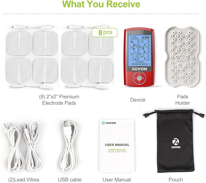 AUVON Rechargeable TENS Unit Muscle Stimulator, 24 Modes 4th Gen TENS Machine with 8pcs 2"x2" Premium Electrode Pads for Pain Relief
