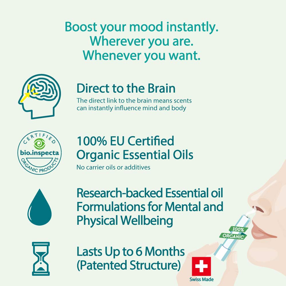 Aromatherapy Nasal Inhaler [Swiss Made] Organic Essential Oils Set Diffuser [ Portable Aromatherapy Stick] (1 Stick, Focus) (1 Count (Pack of 1), Balance)