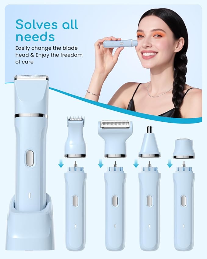 Bikini Trimmer for Women - 5 in 1 Electric Razors for Lady Pubic Facial Nose Body Leg Hair Removal, Waterproof Electric Shaver for Women Private Area Sensitive Skin, Personal Hair Trimmer