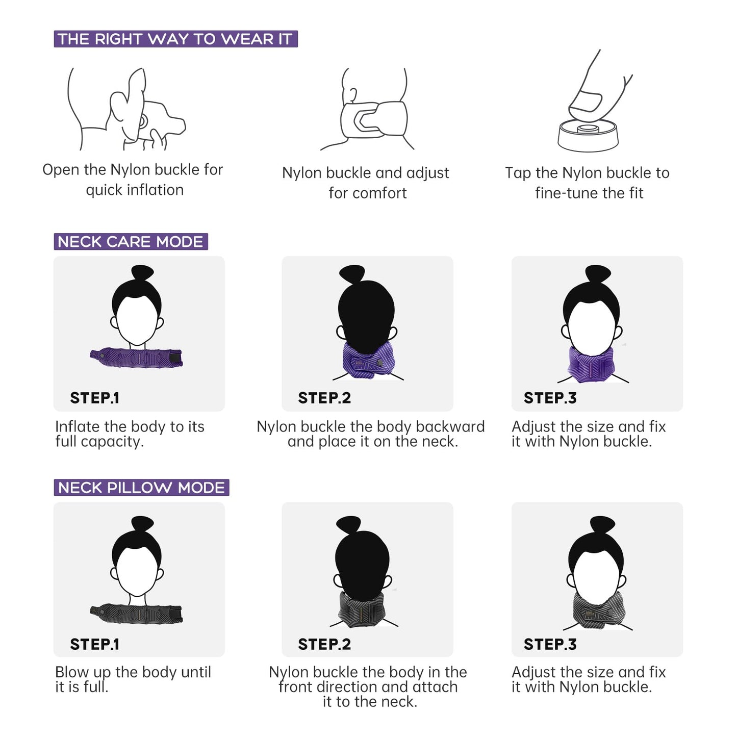 Inflatable Neck Pillow for Travel, Adjustable Blow Up Neck Support Pillow for Airplane, Car, Train, Bus, Office, Home, Compact Portable Travel Pillow for Sleeping, Napping, Black