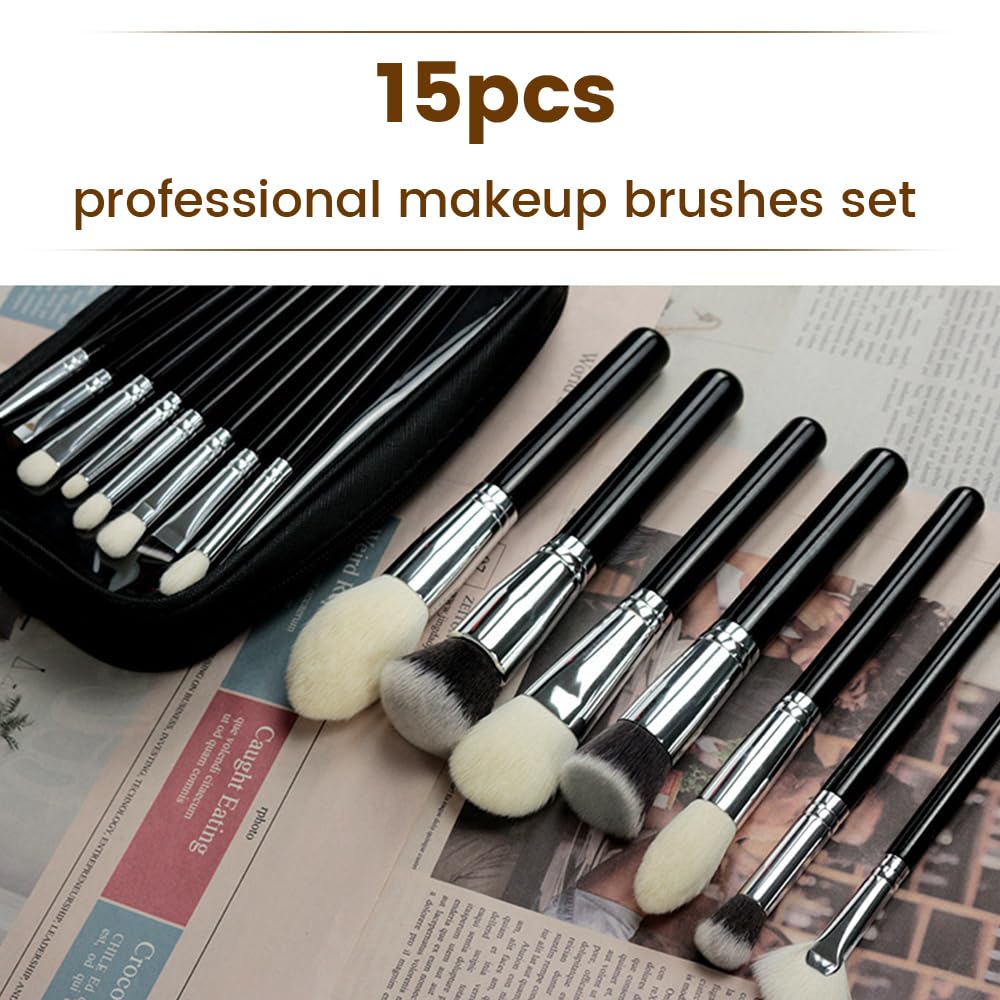 Professional Natural Travel Goat Hair Makeup Brushes with case, 15Pcs Kabuki Face Powder & Eye Makeup Brush set With Ultra Soft Premium Dense Hair, Valentines Day Gifts