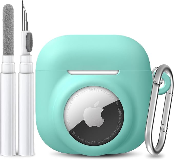 2 in 1 Silicone Case Compatible with AirPod 4 and AirTag, Shockproof Protective Skin Cover for AirPods 4th Generation with Cleaner Kit & Carabiner (Mint Green)
