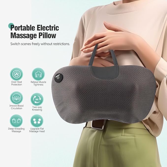 Protable Electric Massage Pillow with Carry Handle -Neck Massager for Pain Relief Deep Tissue with Heat - Electric Kneading 3D Massage Pillow Gifts for Dad Mom Christmas