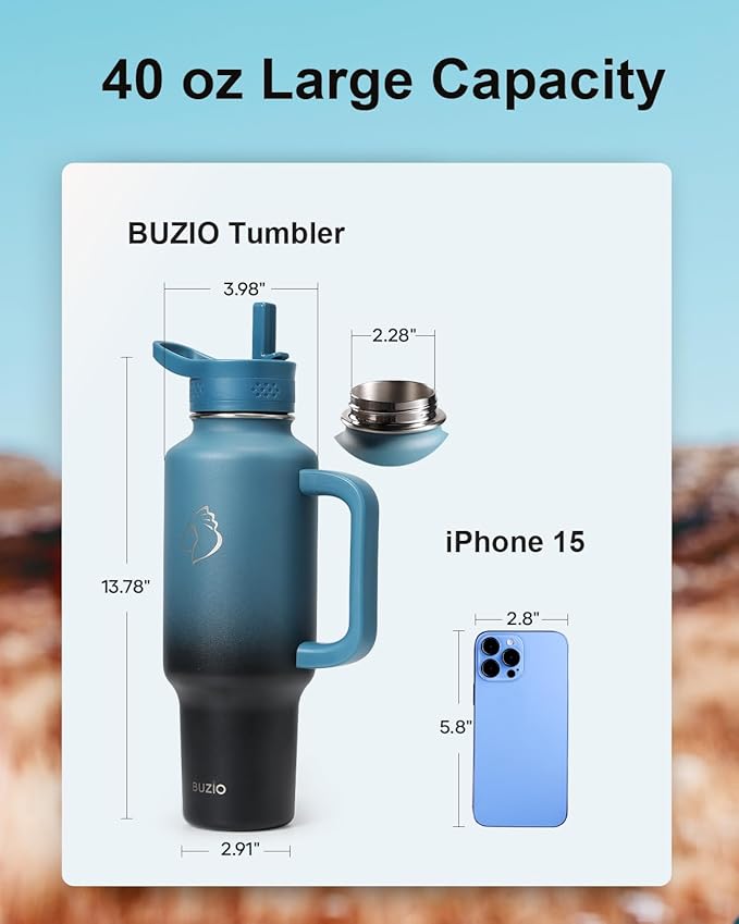 BUZIO 40 oz Tumbler with Handle and Straw, Stainless Steel Insulated Water Bottle Fits in Cup Holder with Straw & Spout Lid, Leak-Proof BPA-Free Travel Tumbler Keep Cold 48hrs &Hot 24hrs, Indigo Crush