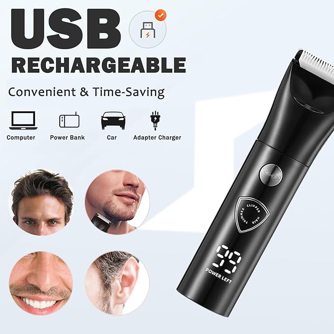 Body Hair Trimmer for Men - Electric Male Hygiene Grooming Shaver - Hair Razor Nose Trimmer Clippers - 3 in 1 Groin Groomer IPX5 Waterproof LED Display Remover for Chest Back Armpit