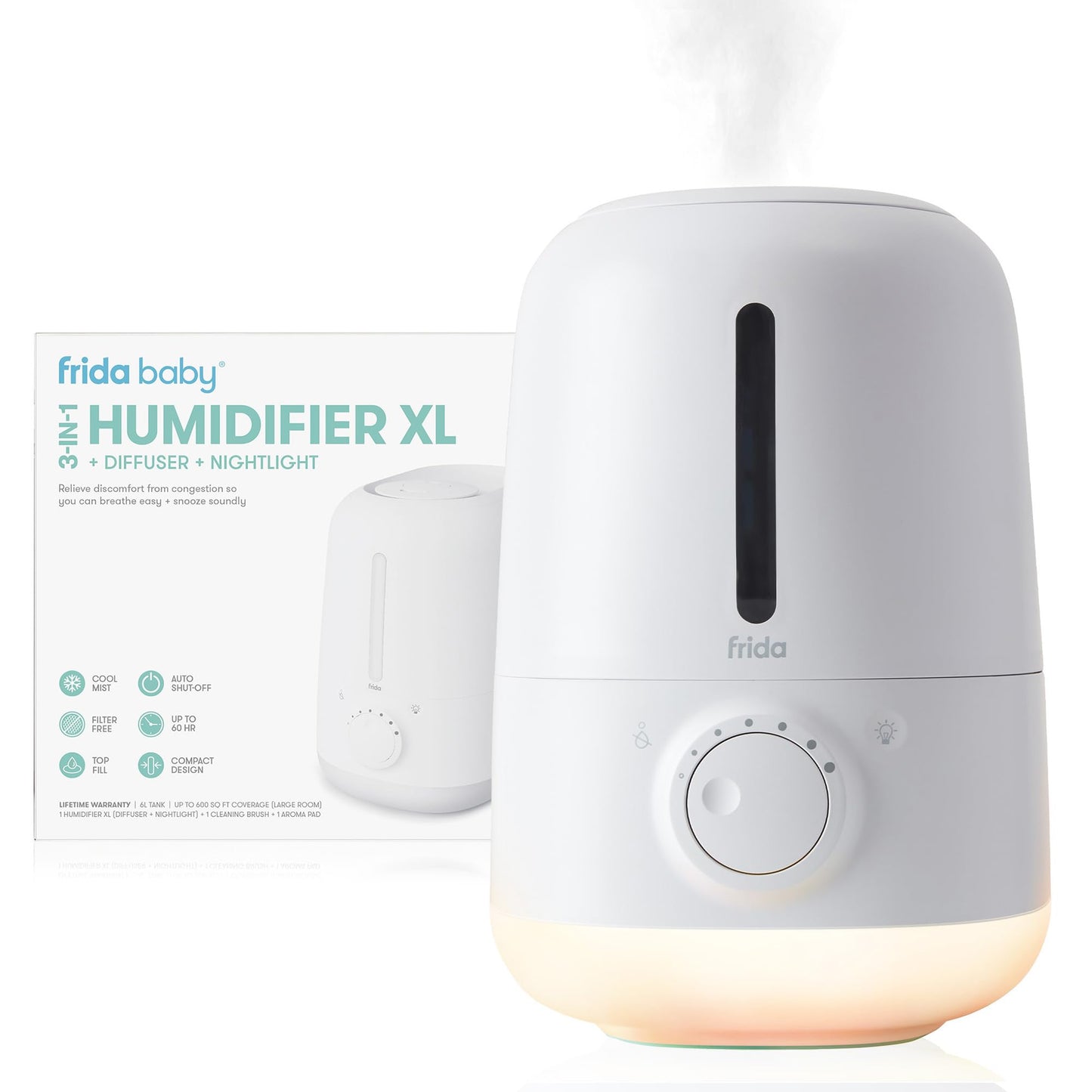 Frida Baby 3-in-1 XL Top Fill Humidifier for Bedroom, Cold & Flu Relief, 6L Tank Cool Mist Humidifier + Diffuser for Large Rooms, Mold Resistant, Nightlight, Auto-Off, Quiet, Essential Oil Diffuser