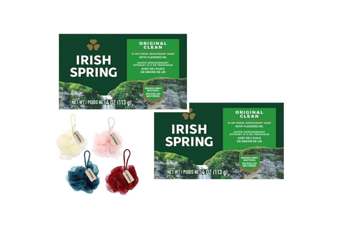 2-Pack Deodorant Irish Bar Soap, Mild for skin, 12 hours small fresh, Spring Soap for Washing Face,Body,Hand, 4oz each (total 8 oz) + 1 Shower Sponge for Irish Spring Bar soap.