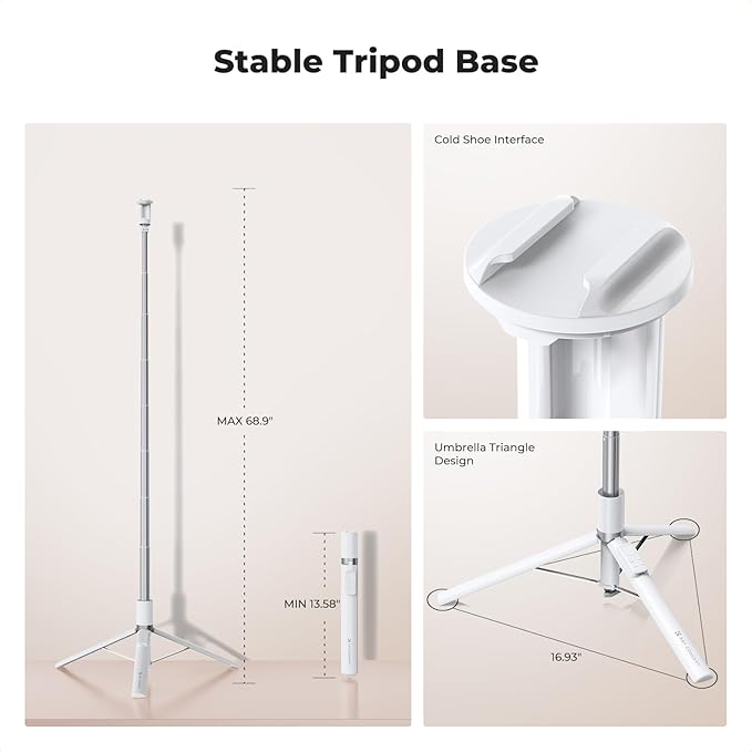 K&F Concept Selfie Stick for iPhone, Auto Open & Close Phone Tripod Stand, 360° Rotatable Selfie Stick with 9 Button Bluetooth Remote, Extendable Automatic Tripod for Cell Phone(White)