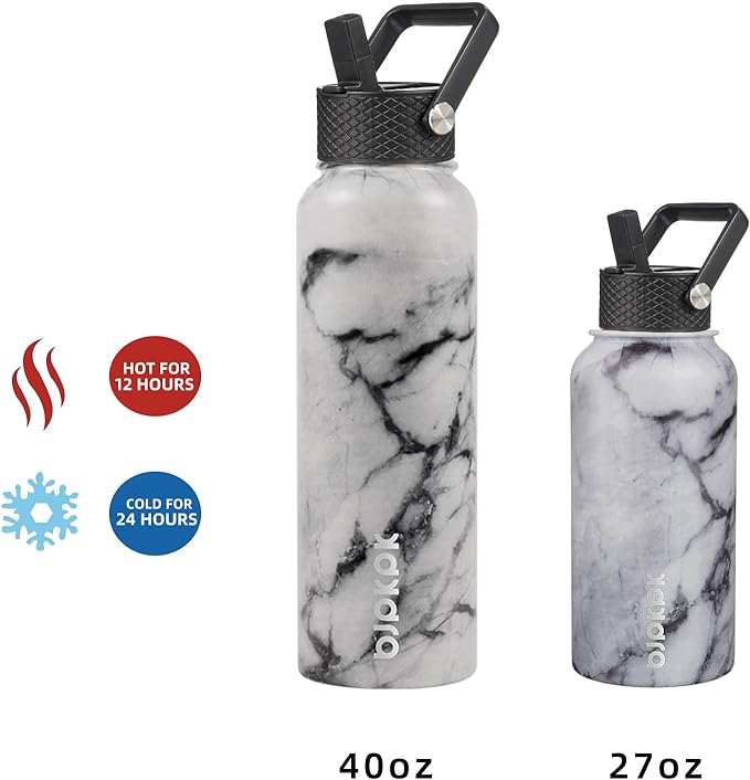 BJPKPK Insulated Water Bottles with Straw Lid, 40oz Stainless Steel Water Bottles with 3 Lids, BPA Free Leakproof Thermo, Tumblers, Cups for Sports, Gym-Carrara Marble