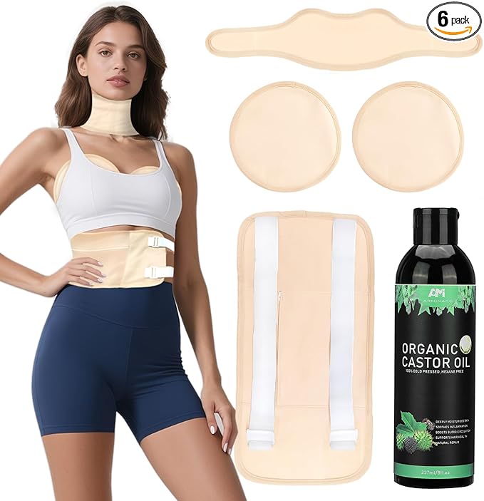 Castor Oil Pack Kit with 8oz Organic Oil – 4 Reusable Wraps for Women & Men | Belly, Liver, Neck & Breast Detox Wraps | Leakproof, Travel-Friendly, Long-Lasting Value Set