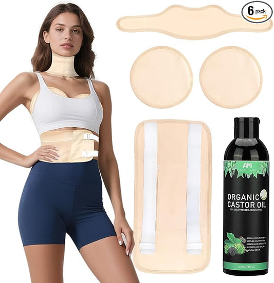 Castor Oil Pack Kit with 8oz Organic Oil – 4 Reusable Wraps for Women & Men | Belly, Liver, Neck & Breast Detox Wraps | Leakproof, Travel-Friendly, Long-Lasting Value Set