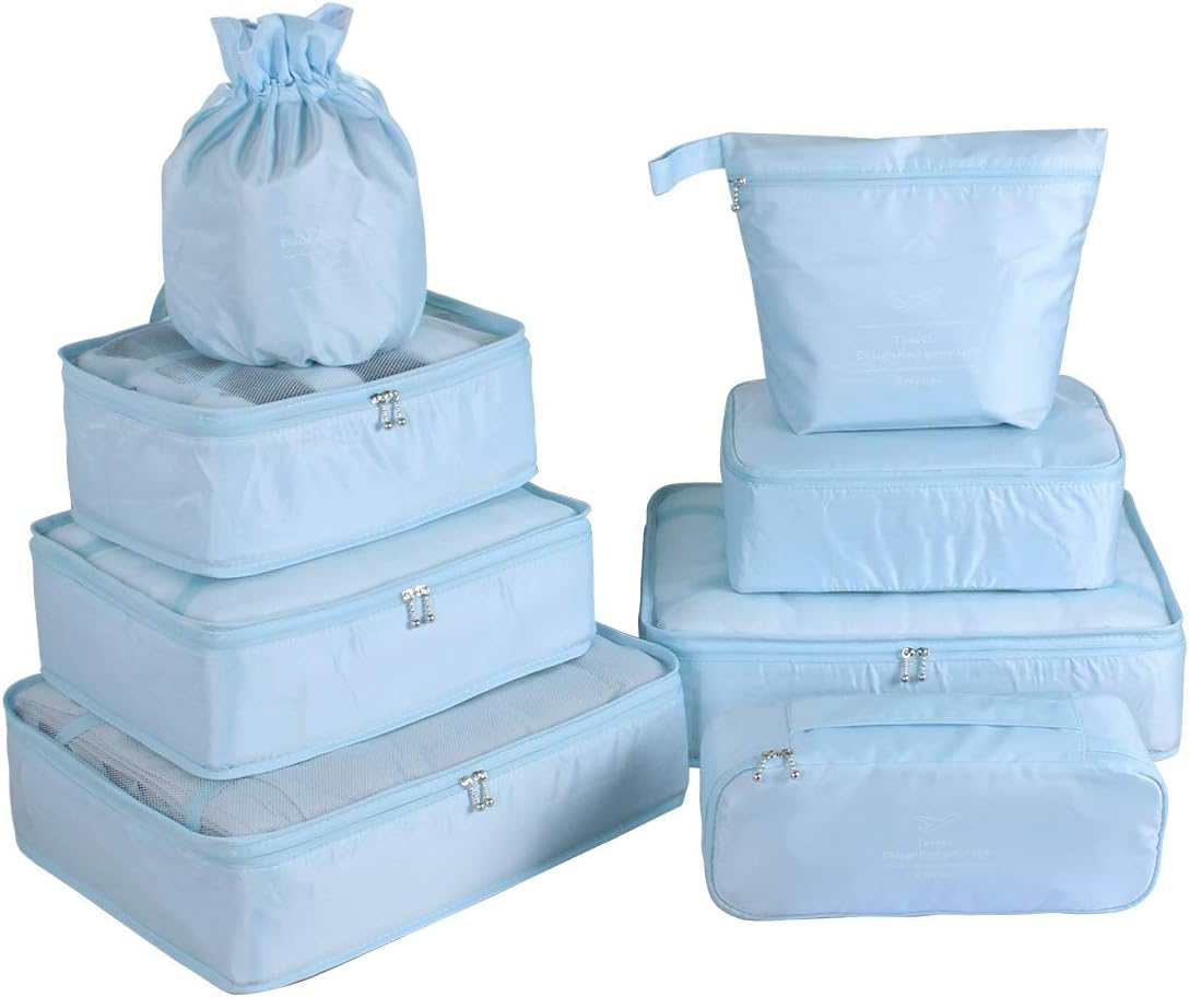 Travel Packing Cubes 8 Pcs Set, Luggage Packing Organizers with Shoe Bag and Toiletry Bag(Light Blue)