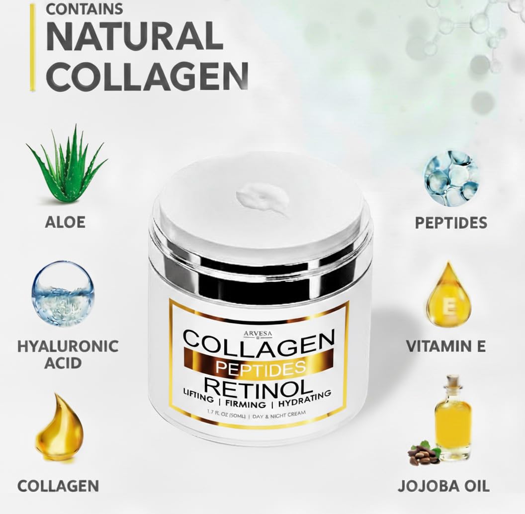 Retinol Cream for Face with Collagen, Peptides - Anti Aging Wrinkle Cream for Women and Men - Day-Night Facial Moisturizer with Hyaluronic Acid - Tightening and Skin Firming - Neck & Décolleté