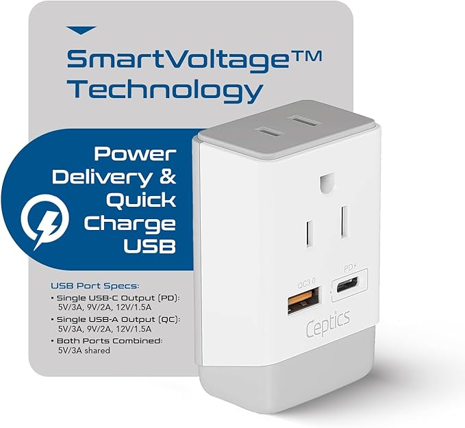 Ceptics UK Ireland Hong Kong Plug Adapter, International Power Plug with USB & USB-C - 2 USA Socket, QC 3.0 & PD - Type G Outlet Adapter for USA to British England Scotland London - Fast Charging