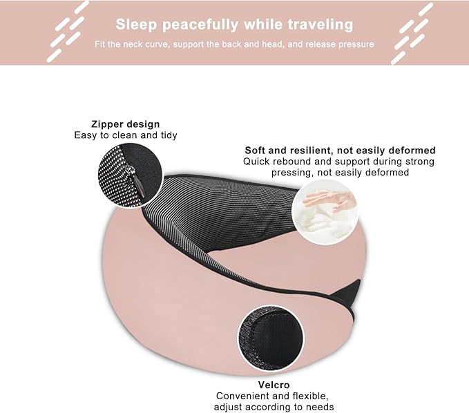 Cloud Sleep Travel Pillow｜360° Adjustable Neck Pillow for Airplane & Office｜NASA Memory Foam｜Free Eye Mask & Earplugs (Pink)