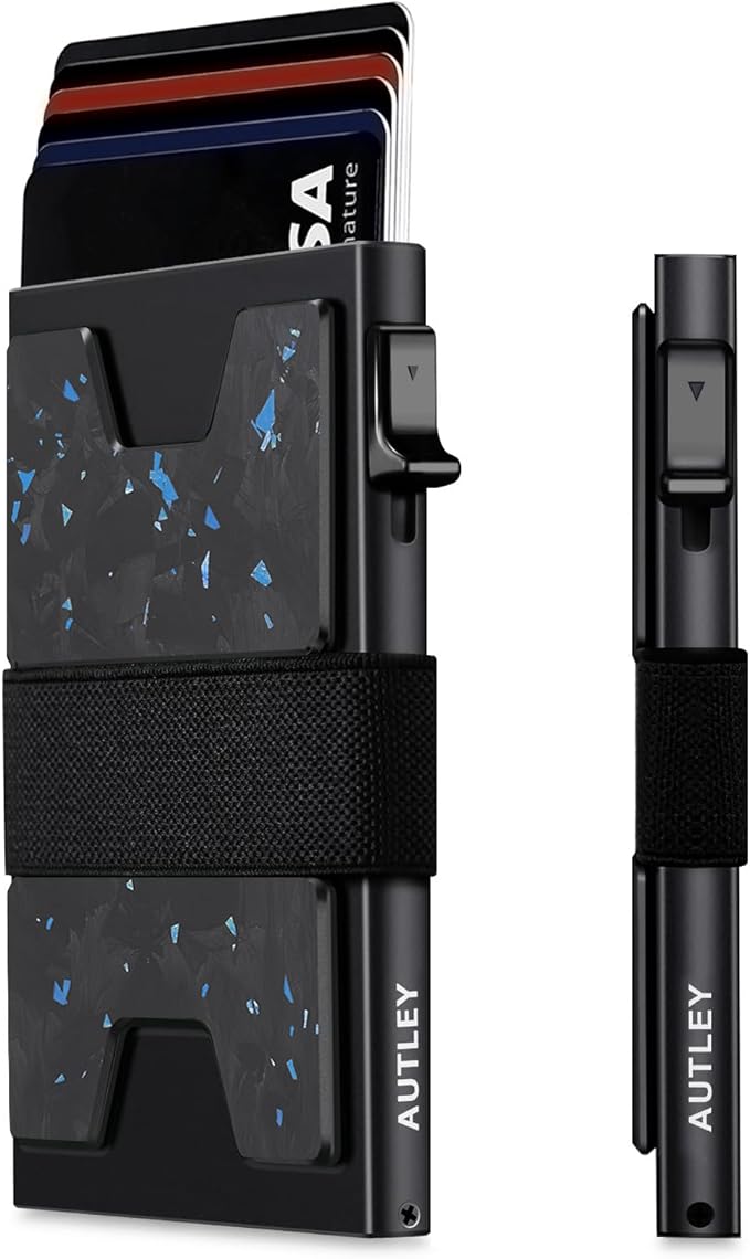 AUTLEY Slim Card Holder, Minimalist Pop Up Wallet for Men, RFID Blocking Mens Wallet with Cash Band (Blue Spot Carbon Fiber)