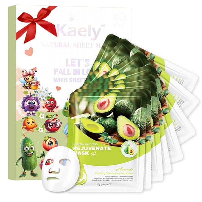 8 Pack Avocado Face Sheet Mask Skincare,Hydrating Face Mask For Sensitive Skin,Moisturize,Soothing,Nourish for All Skin Types,Natural Spa Party Facial Mask Skincare Set for Women Men Girls