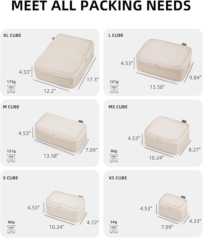 Compression Packing Cubes for Carry on, XL/L/M/S Luggage Organizers (6 Set, Cream White)