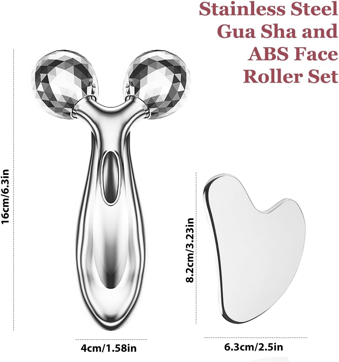 Lanfixilly Stainless Steel Gua Sha and Face Roller Set, Facial Tool for Face Sculpting, Metal Skin Care, Massager for Women
