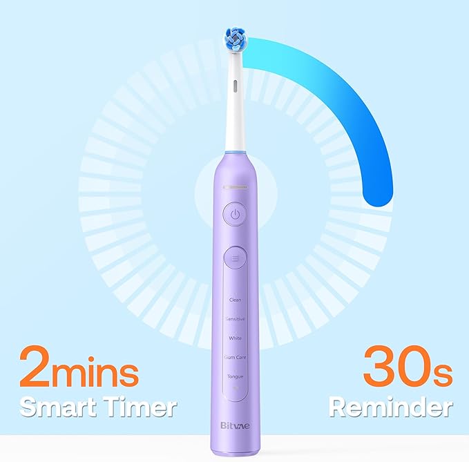 Bitvae R2 Rotating Electric Toothbrush for Adults with 8 Brush Heads, 5 Modes Rechargeable Power Toothbrush with Pressure Sensor, Purple