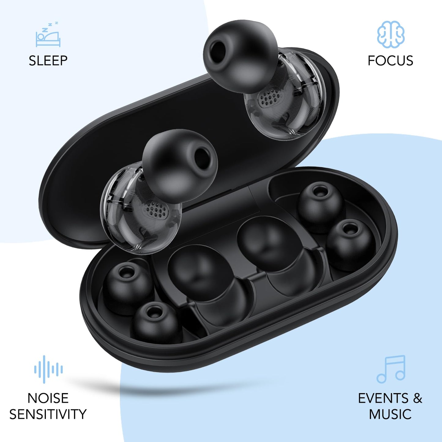 Ear Plugs for Sleeping Noise Cancelling, 45dB for Noise Reduction, Noise-Reducing Earplugs for Sleeping, Concerts, Shooting, Travel, Work, Silicone Hearing Protection Earplugs with Case, Black