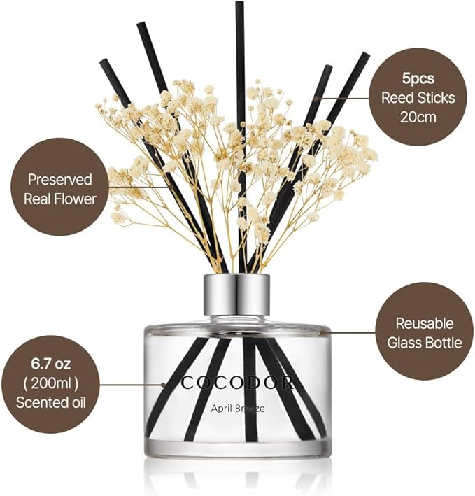 COCODOR Flower Reed Diffuser Set / 6.7oz / Ylang Ylang/Scent Diffuser with Sticks Home Fragrance Reed Diffuser for Bathroom Shelf Decor