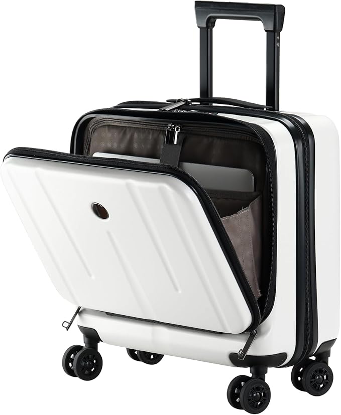 16 Inch Carry On Luggage with 2 Compartments for 14” & 15” Laptop, 16.14*8*17.12” Rolling Briefcase, Lightweight Hardshell ABS+PC Suitcase with Spinner Silent Wheels, for Business Trip, Milky White