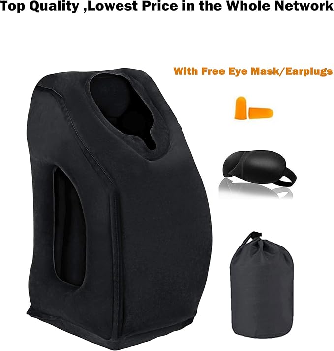 Inflatable Travel Pillow, Airplane Neck Pillow for Sleeping, Supports Head and Chin for Airplanes,Trains,Cars and Office Napping with 3D Eye Mask and Earplugs and Portable Drawstring Bag
