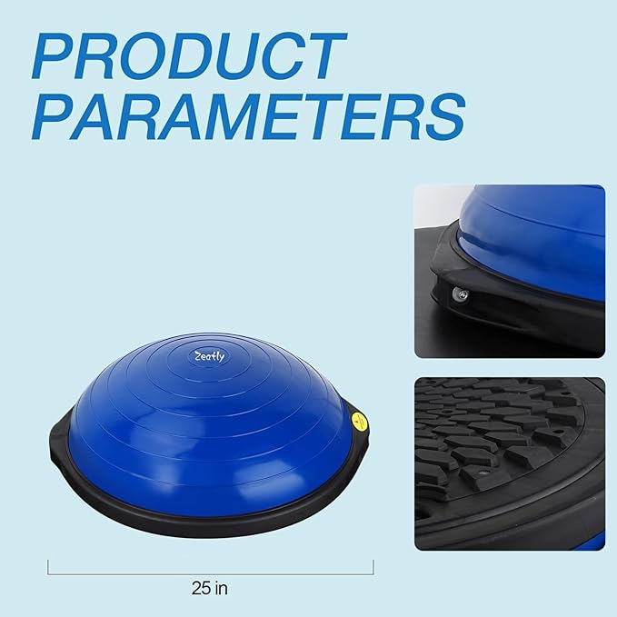 25in Half Balance Ball - 1500lb Heavy Duty Wobble Board Trainer for Core Strength & Stability, Non-Slip Yoga Ball with Resistance Bands & Pump - Home Gym Equipment for Balance Training, Yoga & Physical Therapy