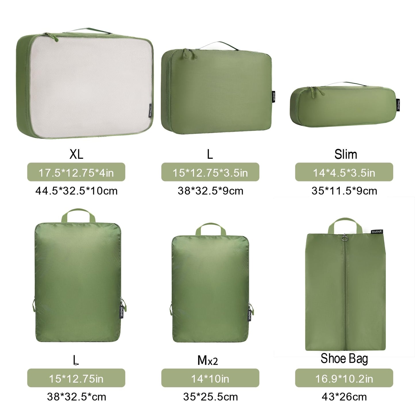 Bagail Ultralight Packing Cubes 7 Set, 3 Compression Packing Cubes 3 Packing Organizers With 1 Shoe Bag-Matcha