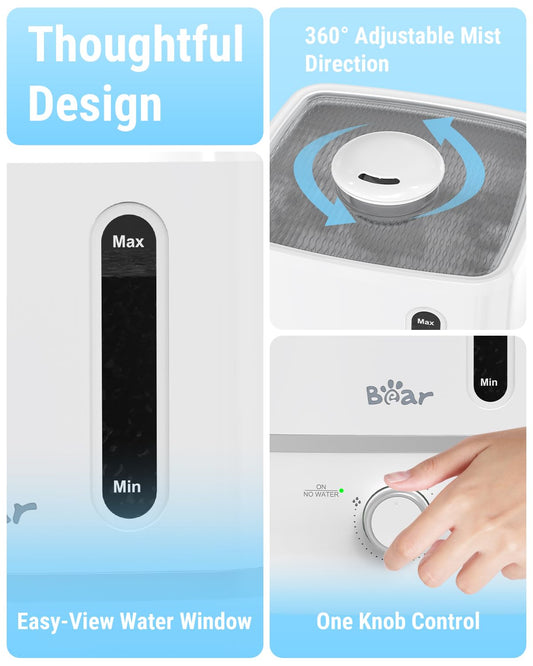 Bear Humidifiers for Bedroom, 3L Cool Mist Humidifiers and Oil Diffuser, Quiet Rapid humidifiers for Home Whole House, with Adjustable Mist Output and Auto Shut-off, White