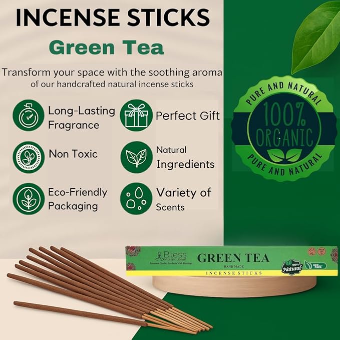 Bless-Green-Tea 100%-Natural-Handmade-Hand-Dipped-Incense-Sticks Organic-Chemicals-Charcoal-Free Purification-Relaxation-Positivity-Yoga-Meditation Best-Woods-Scent (25 Sticks (1.4 OZ))