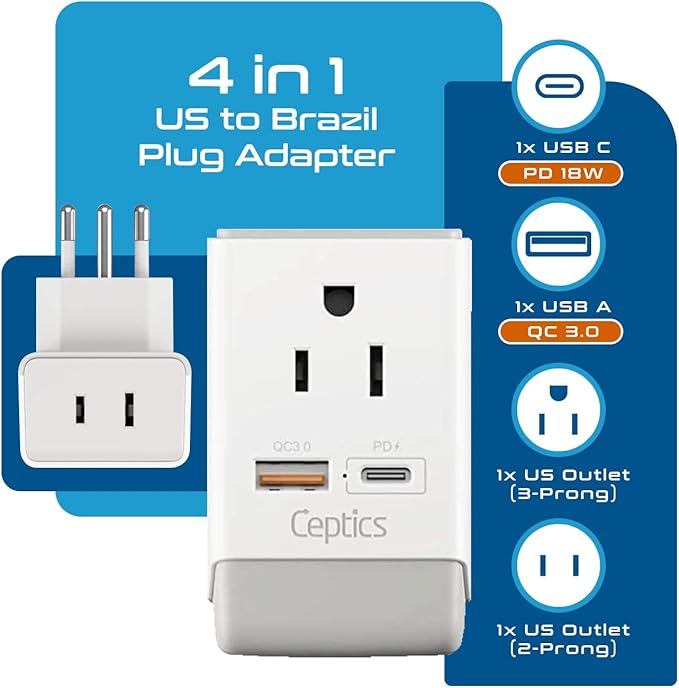 Ceptics Brazil Rio Power Plug Adapter Travel QC 3.0 & PD, Safe Dual USB & USB-C - 2 USA Socket Compact & Powerful - Supports Quick Charge 3.0 & Power Delivery - Type N AP-11C - Fast Charging