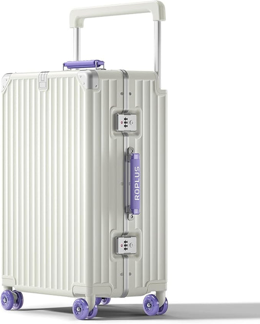 Aluminium Frame Checked-Luggage with Smooth Jelly Wheels, Hardside Zipperless Rolling Suitcase with TSA Lock (WhitePurple, 24-Inch)