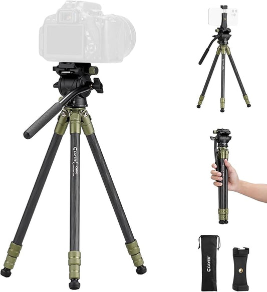 Cayer CH10L Carbon Fiber Tripod with S1 Mini Fluid Head, 28" Compact Desktop Stand, Tabletop Camera Support with Center Column for Mirrorless Cameras Video Camcorder Mobile Phone Webcam - Green