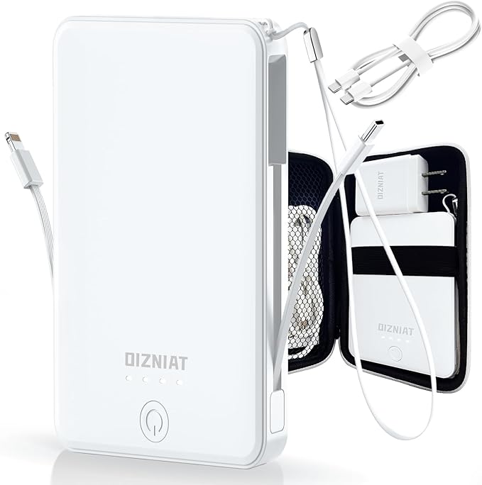 10000mAh Power Bank Portable Charger, Ultra Slim 22.5W Fast Charging with Built in USB C and ‌Lightning Cable, 4 Outputs Power Bank for iPhone 11/12/13/14/15/16 Android Samsung - White