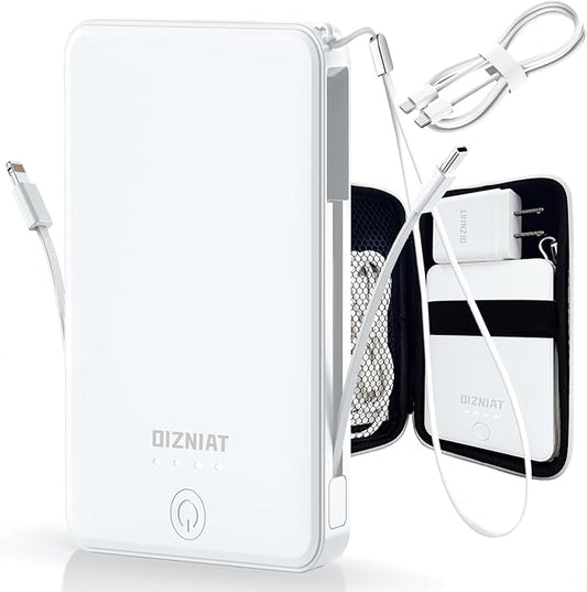 10000mAh Power Bank Portable Charger, Ultra Slim 22.5W Fast Charging with Built in USB C and ‌Lightning Cable, 4 Outputs Power Bank for iPhone 11/12/13/14/15/16 Android Samsung - White