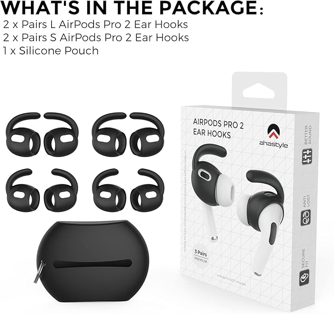 AhaStyle 4 Pairs AirPods Pro 2 Ear Hooks【Added Storage Pouch】 Anti-Slip Ear Covers Silicone Accessories Compatible with Apple AirPods Pro 2nd Generation (2 Large+2 Small, Black)
