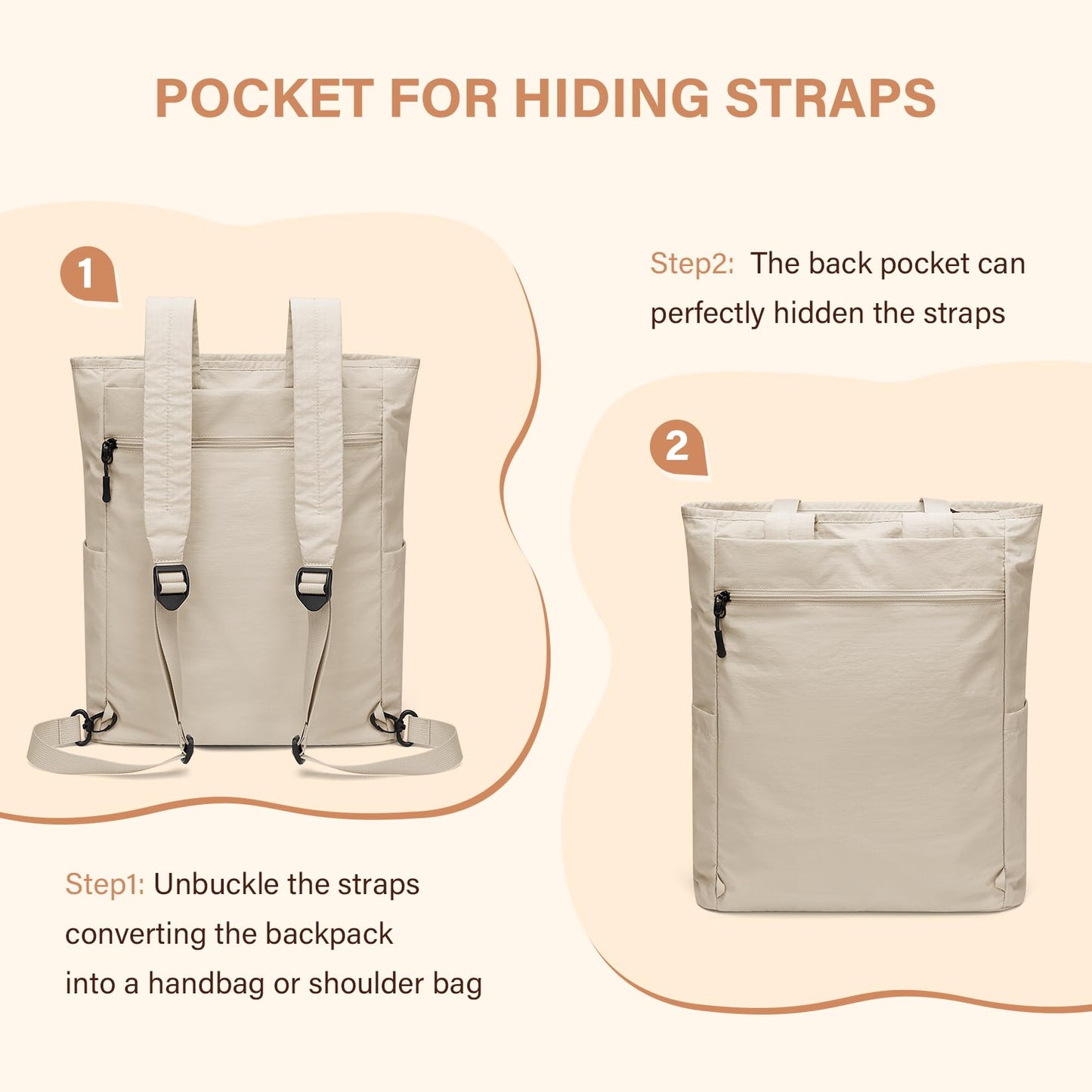 GOLF SUPAGS Foldaway Convertible Tote Backpack Lightweight Nylon Daypack for Women Men City Pack Versatile Backpack for Leisure Travel, Apricot