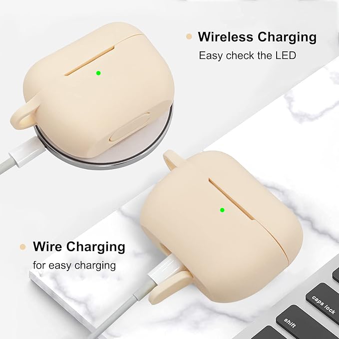 Compatible with Airpods Pro Soft Silicone Case Cover with Bracelet Keychain for Apple Airpod Pro 1st Generation Case for Women (Beige)