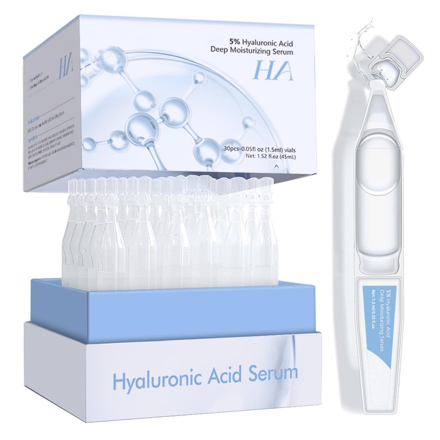 5% Hyaluronic Acid Deep Moisturising Serum, Facial Anti-Aging, Hyaluronic Acid Tube for Sensitive Skin, Pre-Makeup Hydration, Skin Repair Ultra-Moisturising Serum, 30 Vials