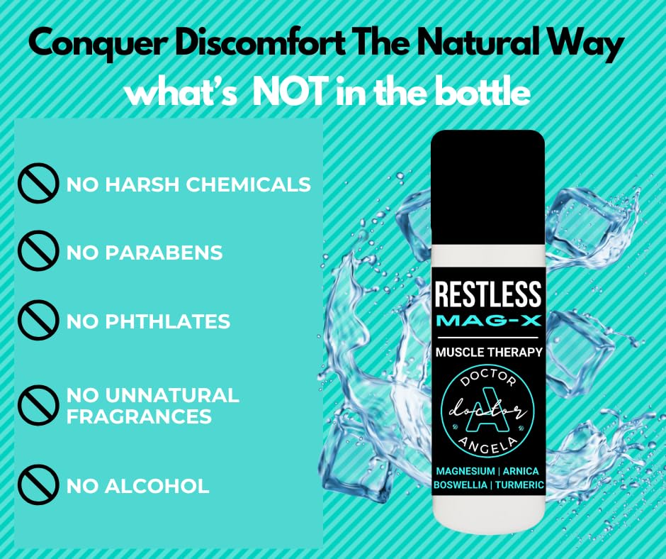 Dr. A's Restless Mag-X – Restless Leg Support Relief Roll-On Gel – Natural Magnesium Oil & Essential Oils for Nighttime Leg Discomfort – Cooling, Calming Formula with Lavender, Arnica & Turmeric – 3oz